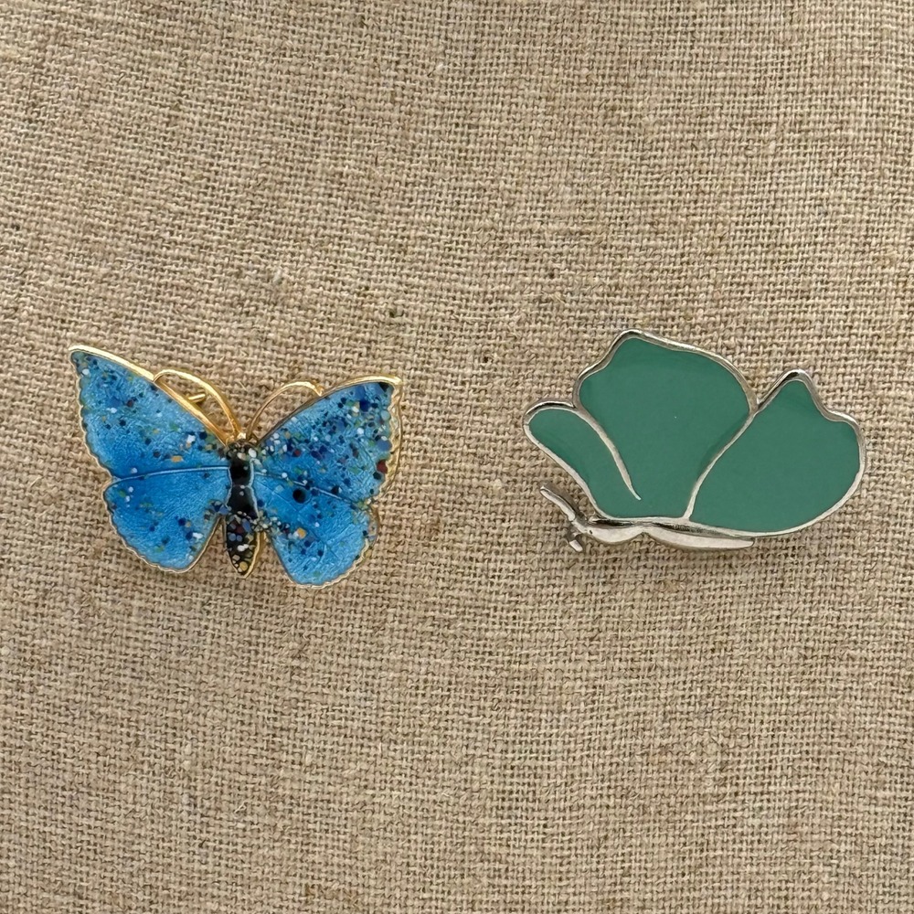 Vintage Butterfly Brooch Set Blue Confetti Gold Tone & Green Enamel Silver Tone